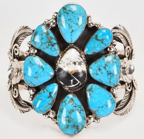 Navajo Sterling Kingman and White Buffalo Turquoise Chunky Bracelet