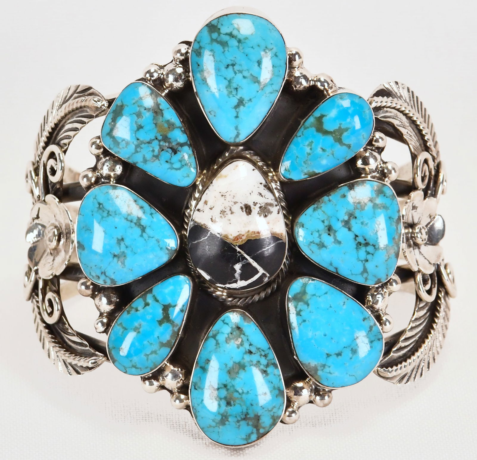 Navajo Sterling Kingman and White Buffalo Turquoise Chunky Bracelet (1 of 5)