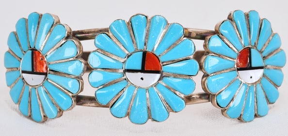 Zuni Sterling Silver Sunface Inlay Cuff Bracelet