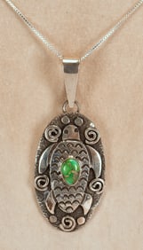 Alex Sanchez Sterling Petroglyph Turtle Pendant Necklace w/Turquoise