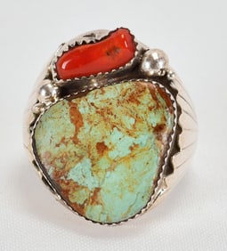 Mike Thomas, Jr. Sterling Silver Number 8 Turquoise & Coral Men's Ring