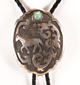 Native American Sterling Silver Overlay Horse Bolo Tie w/Turquoise