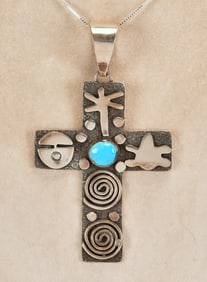Alex Sanchez Sterling Silver Petroglyph Cross Pendant w/Turquoise