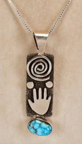Alex Sanchez Sterling Silver Petroglyph Pendant Necklace w/Turquoise
