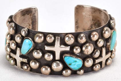 Chimney Butte Sterling Silver Cross & Dot Kingman Turquoise Cuff