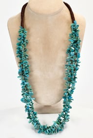 Native American Kingman 3 Strand Nugget Necklace w/Wrapped Neckline