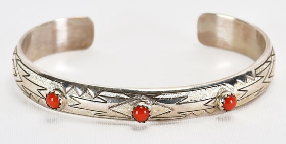 Native American Sterling Textured Cuff Bracelet w/Coral Accents