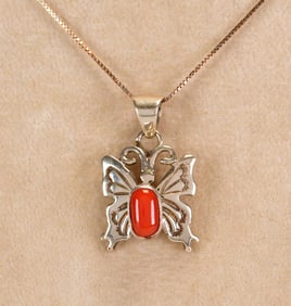 Vintage Navajo Sterling Silver Butterfly Necklace w/Coral Accent