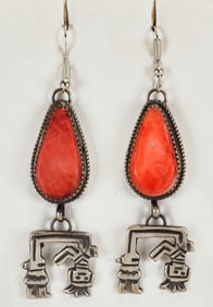 Native American Sterling Rainbow Man Spiny Oyster Earrings