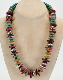 Vintage Navajo Spiny Oyster & Turquoise Disc Neck w/Bench Beads