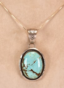 Native American Sterling Silver Nevada Turquoise Pendant Necklace