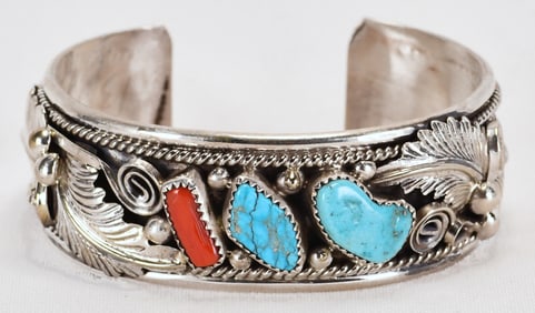Mike Thomas, Jr. Sterling Silver Kingman Turquoise & Coral Cuff