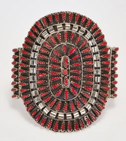 Violet Begay Sterling Silver Block Coral Needlepoint Cuff Bracelet