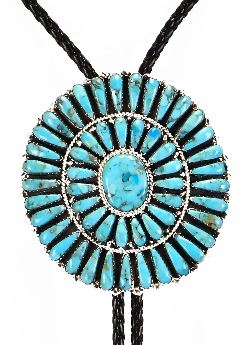 Navajo Sterling Silver Nevada Turquoise Cluster Bolo Tie (1 of 5)