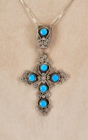 Zuni, Vivianita Booqua Sterling Sleeping Beauty Turquoise Cross Necklace