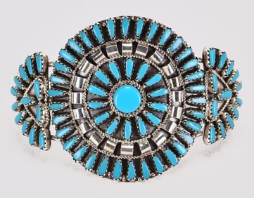 Violet Begay Sterling Silver Block Turquoise Cluster Cuff Bracelet