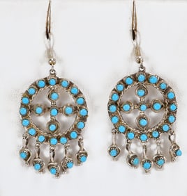 Vintage Native American Sterling Blue Bird Turquoise Medicine Wheel Earrings