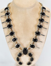 Phillip Yazzie Sterling Silver Black Onyx Squash Blossom Necklace Set