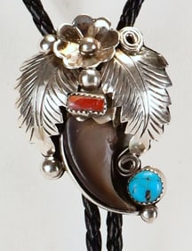 Native American Sterling Silver Bear Claw Bolo Tie w/Turquoise & Coral