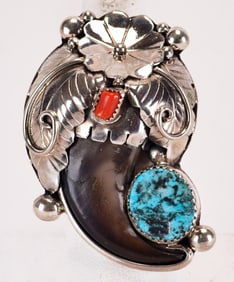 Navajo Sterling Silver Large Bear Claw Ring w/Turquoise & Coral
