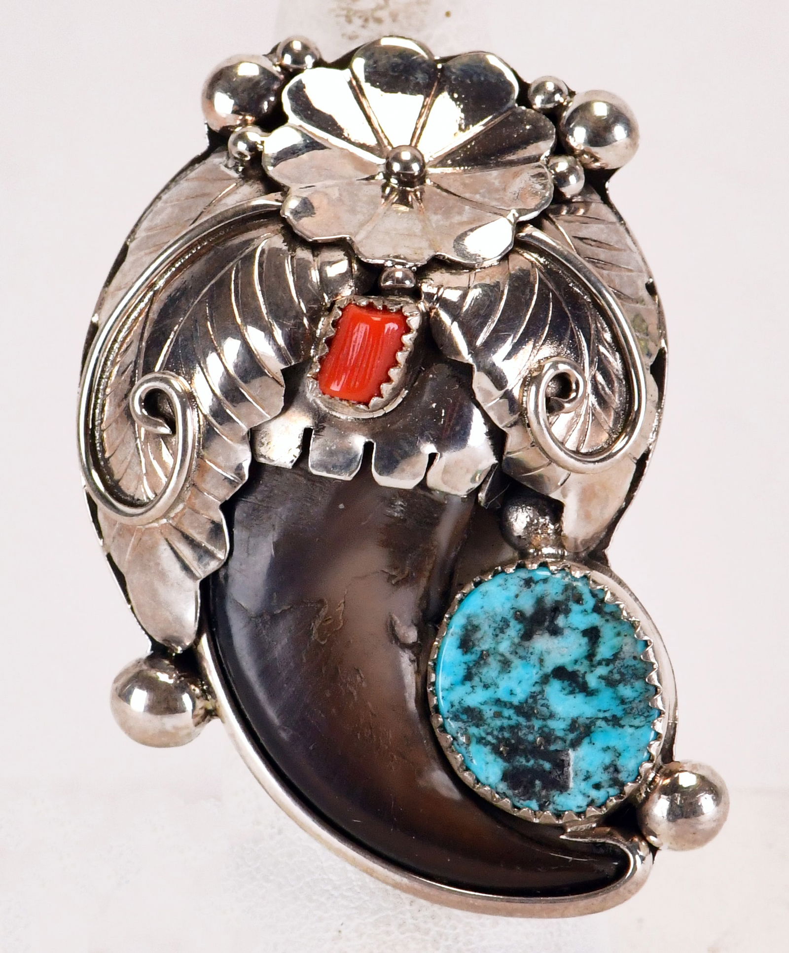 Navajo Sterling Silver Large Bear Claw Ring w/Turquoise & Coral (1 of 3)
