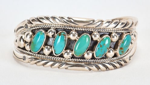 Navajo, Tommy Moore Sterling Silver Ivanhoe Turquoise Cuff Bracelet