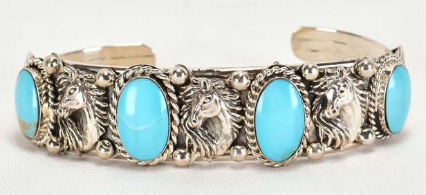 Navajo Sterling Silver Campitos Turquoise & Horse Head Cuff Bracelet