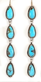 Freda Martinez Sterling Silver Long Kingman Turquoise Dangle Earrings