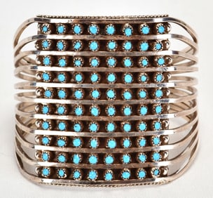 Zuni Sterling 10 Row Sleeping Beauty Turquoise Snake Eye Bracelet