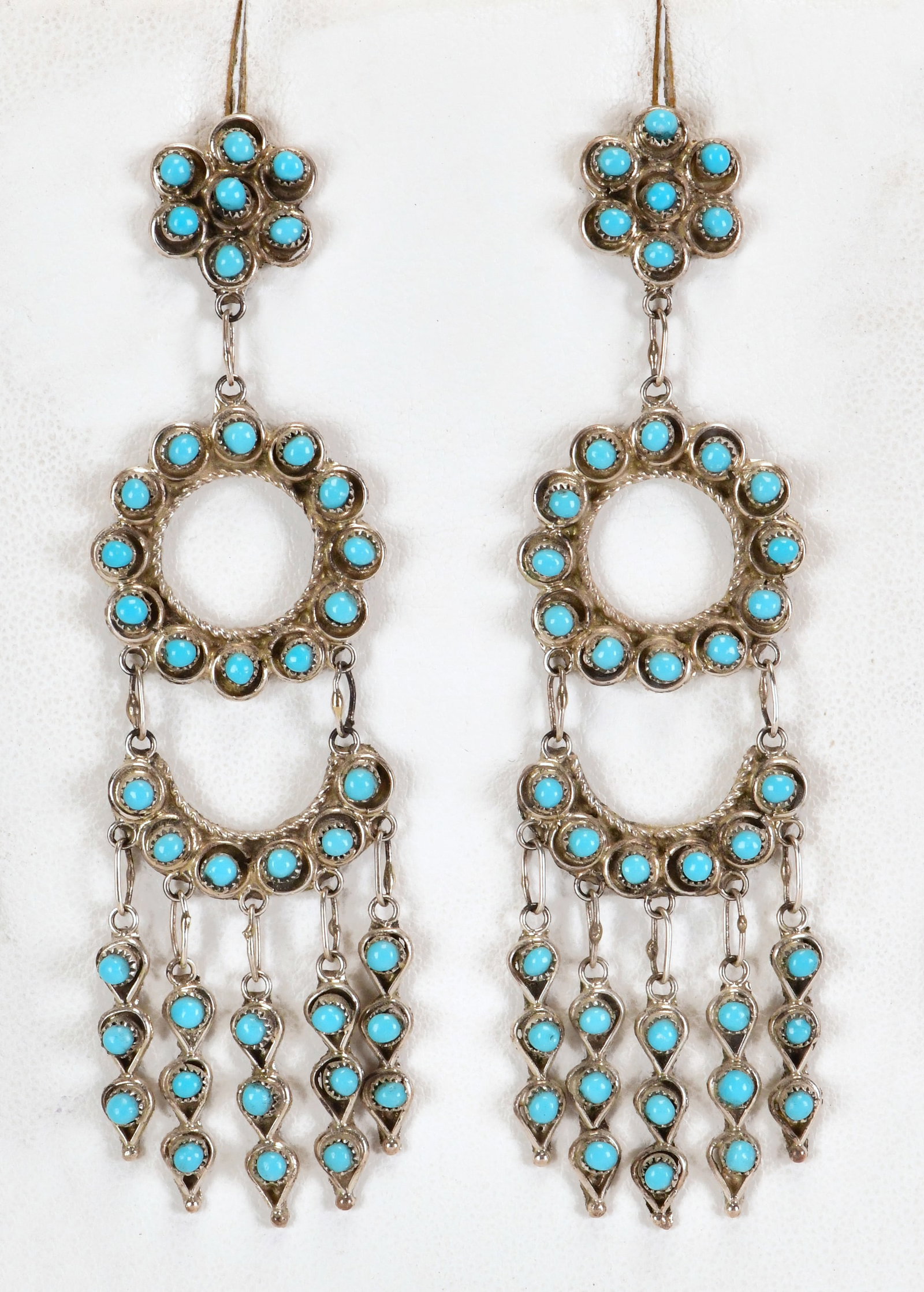 Zuni Vintage Sterling Silver Sleeping Beauty Turquoise Chandelier EarringsS: Sterling Silver| Zuni Vintage Sterling Silver Sleeping Beauty Turquoise Chandelier Earrings| Genuine Sleeping Beauty Turquoise| Measure 3.5" Long x 1" Wide| Hand Signed in Script| Weigh 16.3 Grams| Na