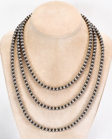 Native American Sterling Silver 5mm Bench Bead Necklace -60"