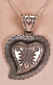 Navajo, L. Tahe Sterling Silver Stamped Heart Pendant