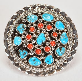 Navajo Sterling Silver Kingman Turquoise & Coral Large Round Ring