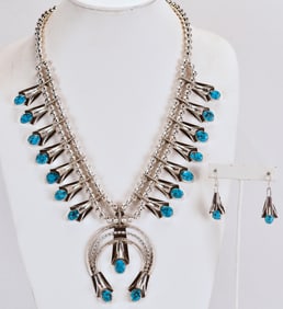 Louise Yazzie Sterling Kingman Turquoise Squash Blossom Necklace Set