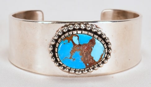 Navajo, D. Benally Sterling Silver Blue Gem Cuff Bracelet
