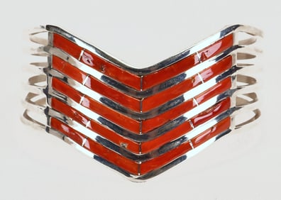 Zuni AAA Mediterranean Coral 5 Row Coral Inlay Cuff Bracelet