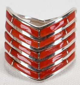 Zuni AAA Masterpiece Sterling Mediterranean Coral 5 Row Inlay Ring