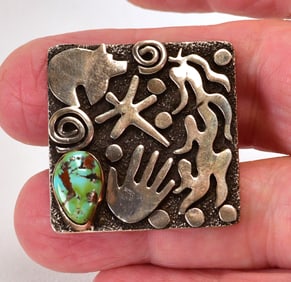 Alex Sanchez Sterling Silver Petroglyph Square Ring w/Turquoise