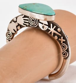 Alex Sanchez Unique Sterling Petroglyph Cuff w/Kingman Turquoise