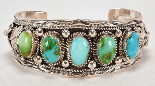 Darrell Morgan Sterling Silver Sonoran Gold Turquoise Ornate Cuff