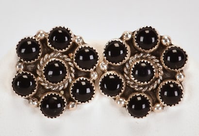 Maxine Rameriz, Navajo Sterling Silver Black Onyx Cluster Earrings