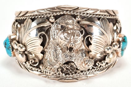 Tim Yazzie Sterling Silver Heavy Gauge Bear Cuff w/Turquoise