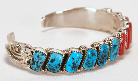 Martin Muskett Sterling Kingman Turquoise & Coral Row Bracelet
