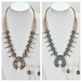 Elton James White Buffalo & Kingman Reversible Squash Blossom  Necklace