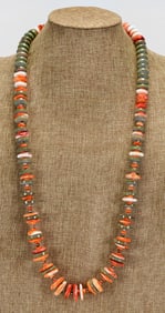 Native American Sterling Spiny Oyster & Turquoise Disc Necklace 36"