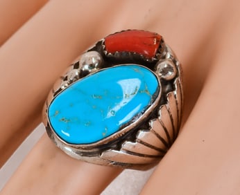 Vintage Sterling  Ithaca Peak Turquoise & Coral Men's Ring