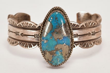 Native American Morenci Turquoise Sterling Cuff Bracelet