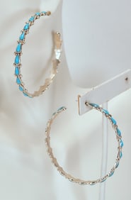 Zuni Sterling Silver Kingman Turquoise Hoop Earrings