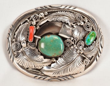 Mike Thomas, Jr. Sterling Silver Bear Claw Belt Buckle w/Turquoise & Coral