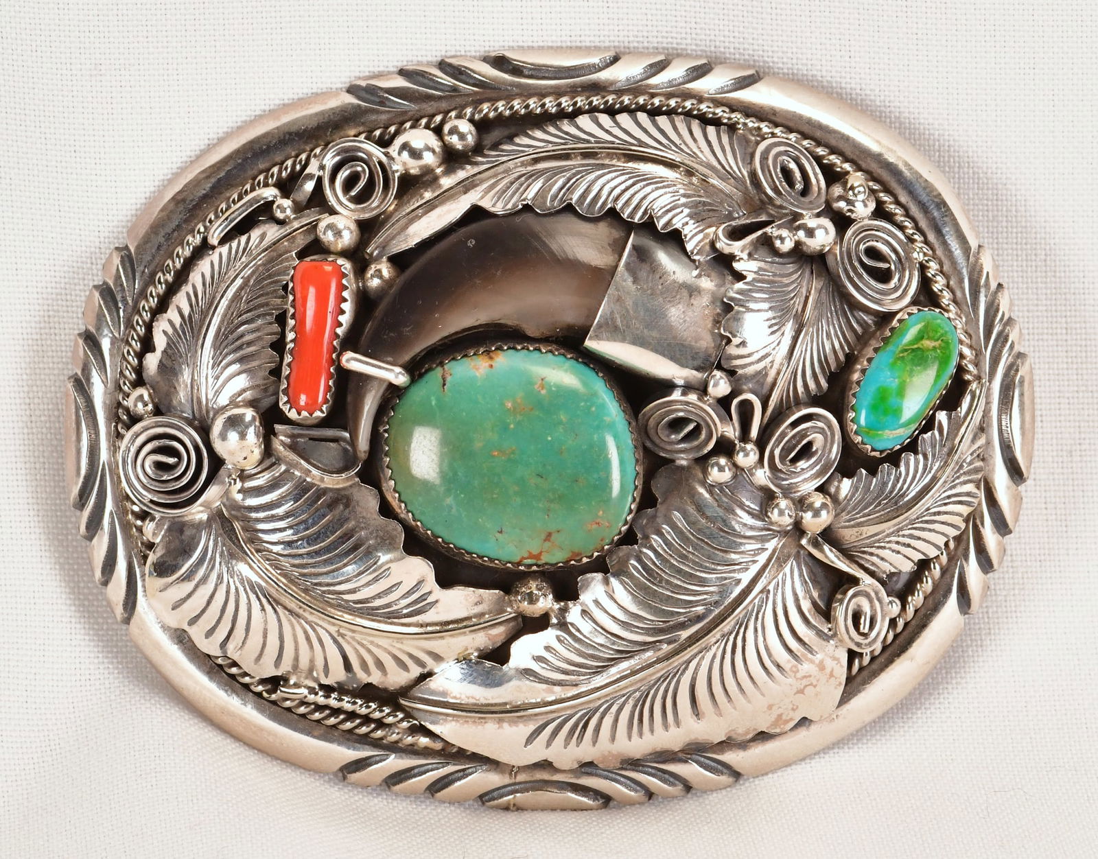 Mike Thomas, Jr. Sterling Silver Bear Claw Belt Buckle w/Turquoise & Coral (1 of 4)